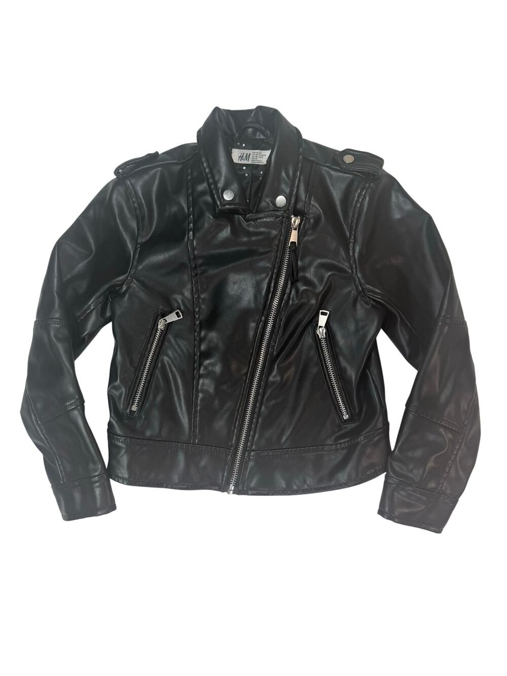 H&M Girls 7 Black Faux Leather Moto Jacket Biker Style